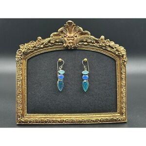 Handmade Sterling Silver Dichroic Glass & Blue Stone Drop Earrings 1.5" Vintage